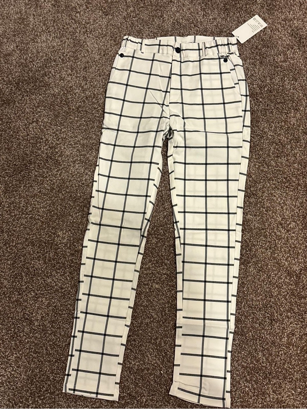 Men White Windowpane Grid Pull-On Pants